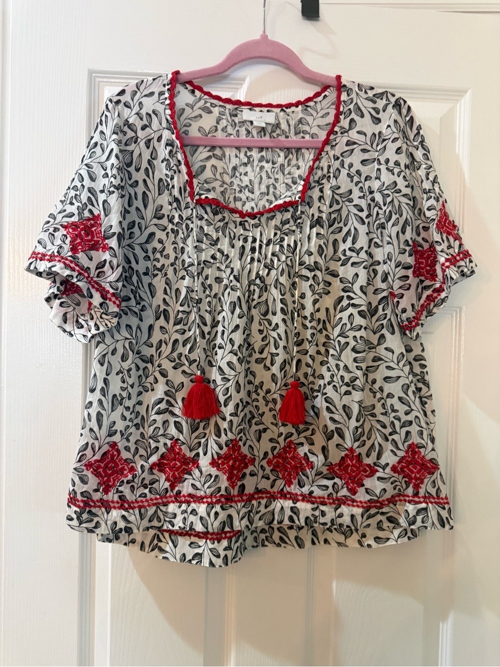 J. Jill 100% Cotton White Tunic with Black Leaf Print and Red Embroidery